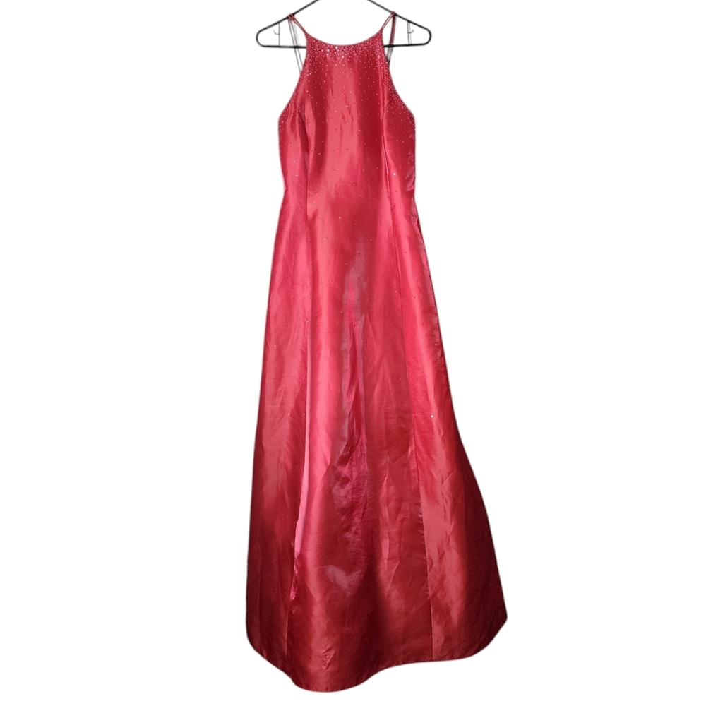 NIKI LIVAS Vintage Y2K Red Prom Dress Iridescent Beaded High Neck Corset Back 12